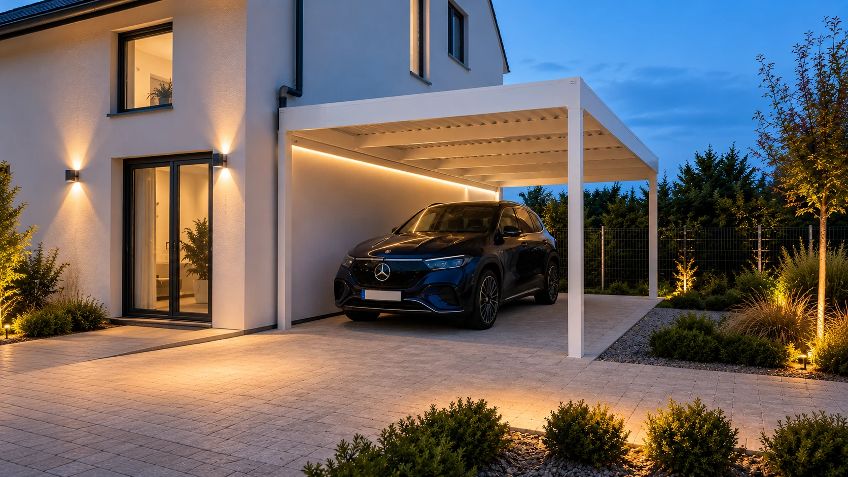 Weißer Aluminium-Carport mit warmer Beleuchtung am Abend