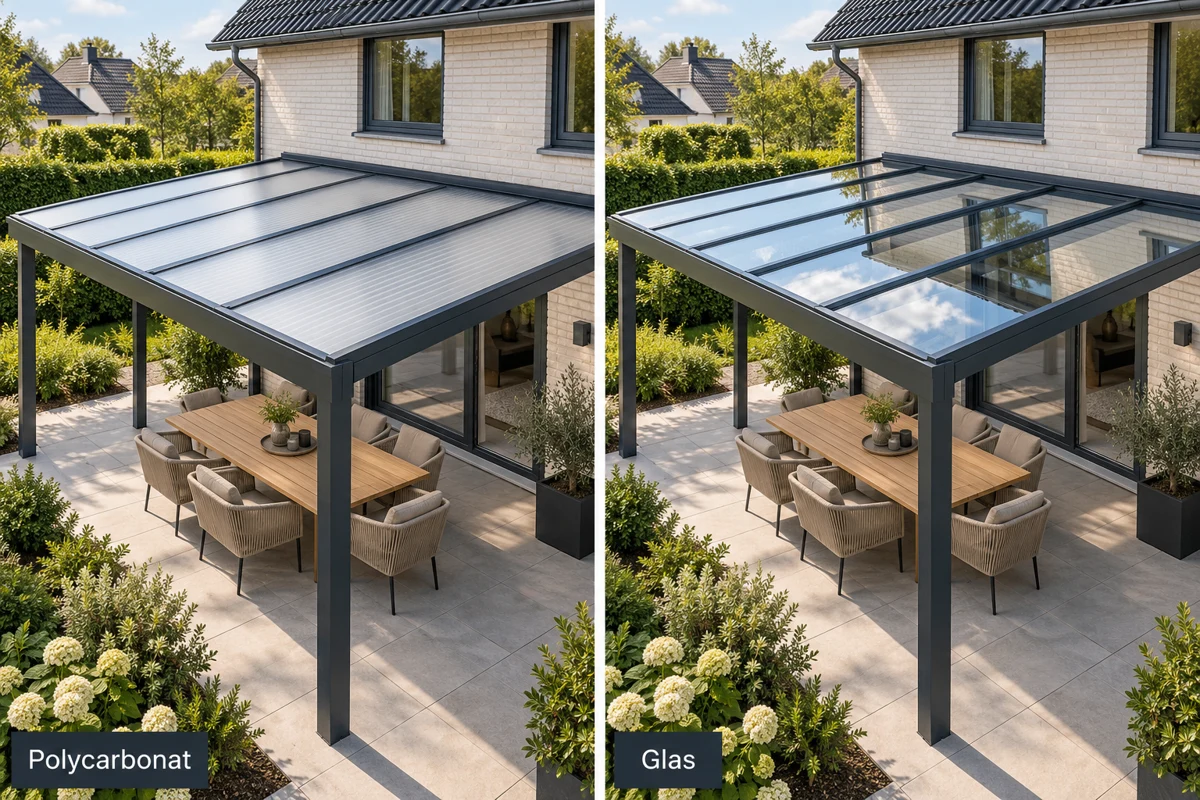 Polycarbonat- und Glasüberdachung nebeneinander im illustrierten Vergleich